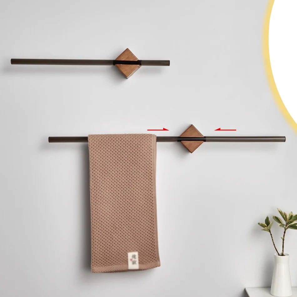 Wood Towel Bar Movable Gold Black Square Walnut Aluminum Wall Mounted Bedroom Bathroom Towel Holder Shelf Storage Hanging