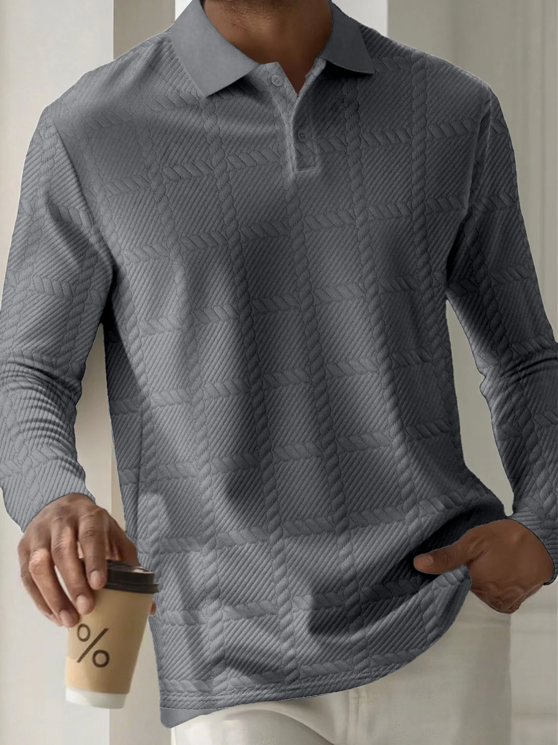 Polo da uomo invernale e autunnale con motivo a quadri, tinta unita alla moda, colletto casual, chiusura con bottoni, top a maniche lunghe 3