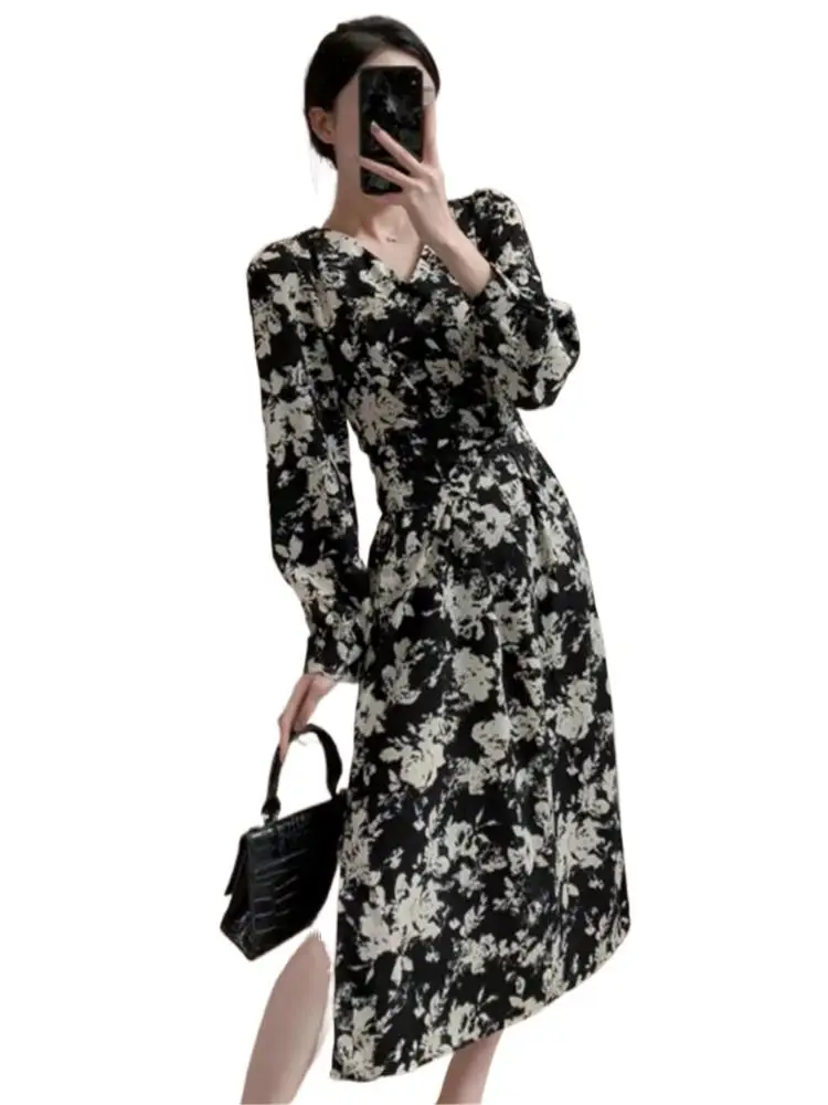 

Fairy Dress Summer Chiffon Dress For Women 2024 New V-neck Black White Print Dress Boho Holiday Maxi Dress Party Dress Club Y2K