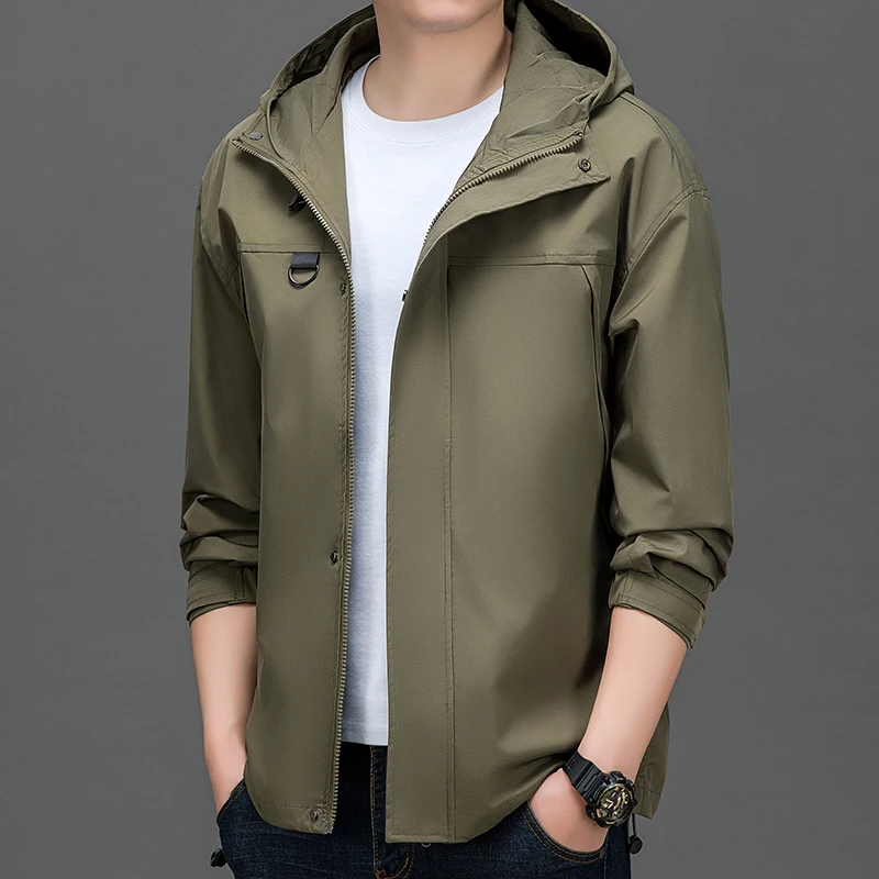 Stylish Men Gray Army Green Black Jacket Spring Autumn Hooded Coat Male Casual Cosy Outerwear Boylish Minimalist Clothes 2024