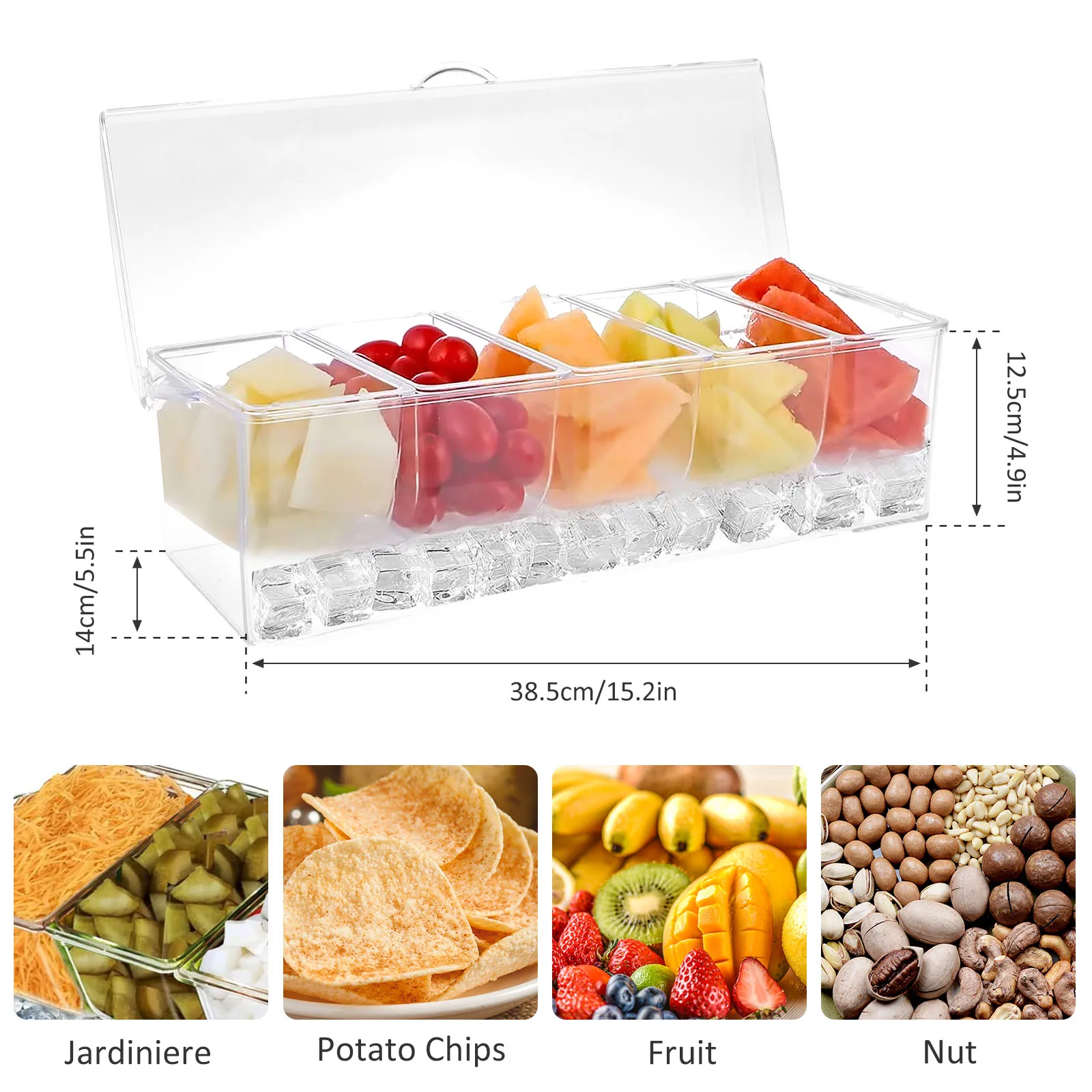 Chilled Condiment Server Reusable Clear Garnish Tray with 5 Removable Compartment Food Grade Safety Chilled Serving Container