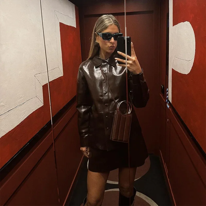 Casual Leather Jacket Skirt Set for Women 2 Pieces Lapel Single Breasted Top Mini Skirts Autumn Lady Y2k All-matching Outfits