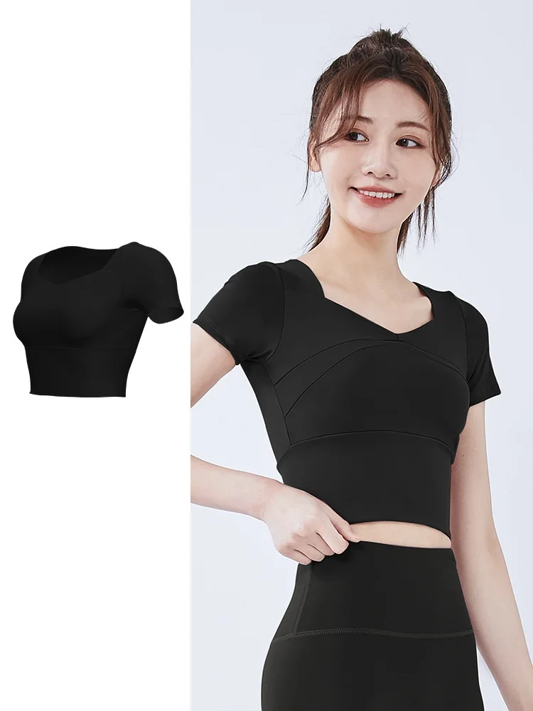 여성용 짧은 속건성 패딩 러닝 타이트 누드 느낌, 통기성 피트니스 반팔 요가 의류, 스포츠 탑 