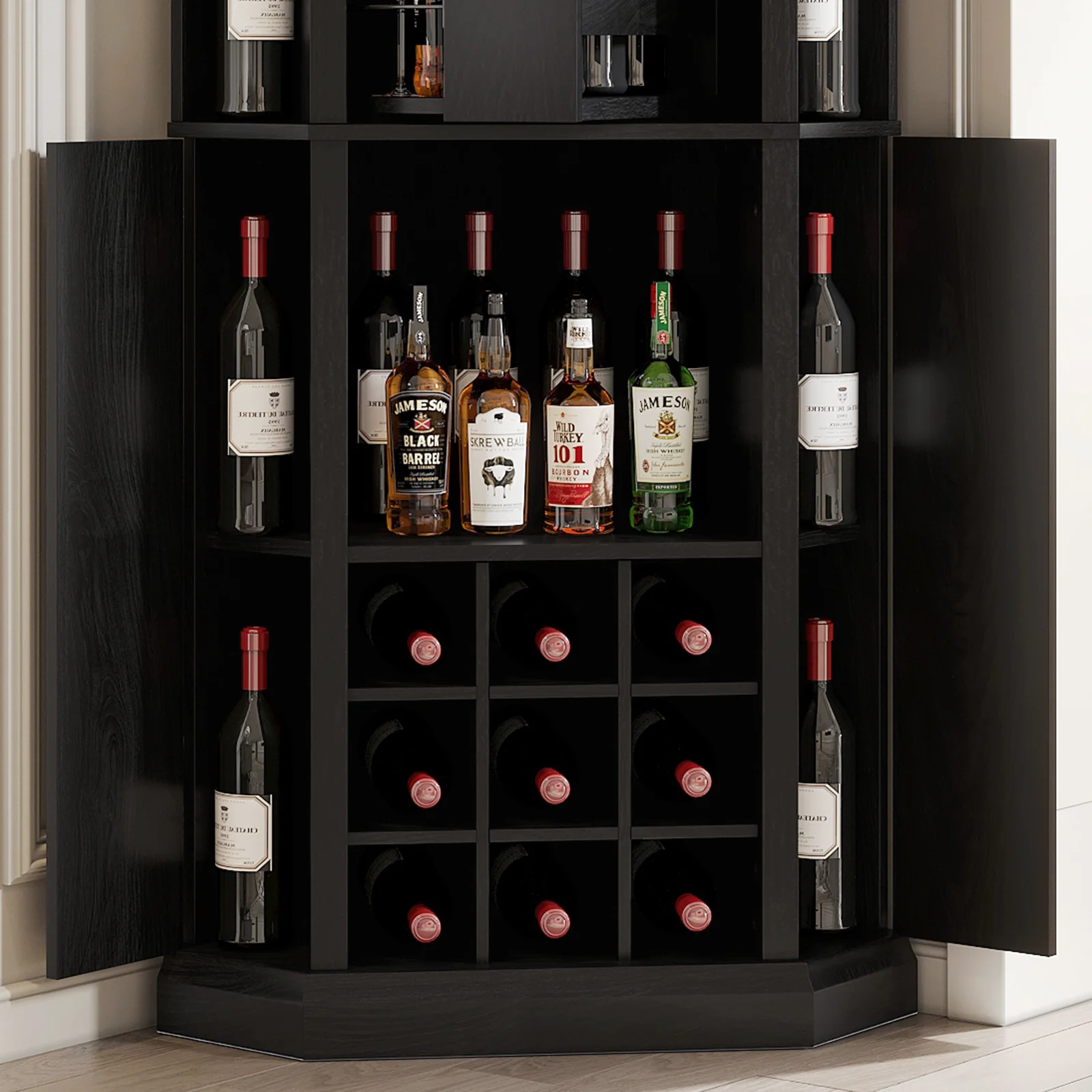 Corner Wine Cabinet with Rotating Glass Wine Rack, Farmhouse Bar Storage Cabinet with Cup Holders, Bar for Dining Room