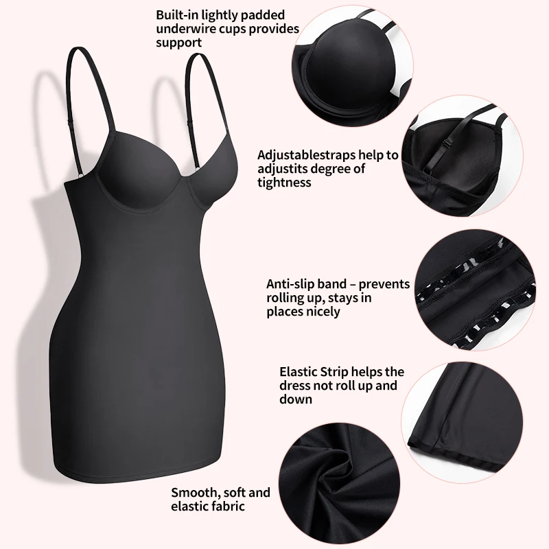 Women Full Slips Basic Under Dress Adjustable Straps Cami Seamless Smooth Tummy Control Body Shaper Built In Bra Deep V Bodycon body shaper