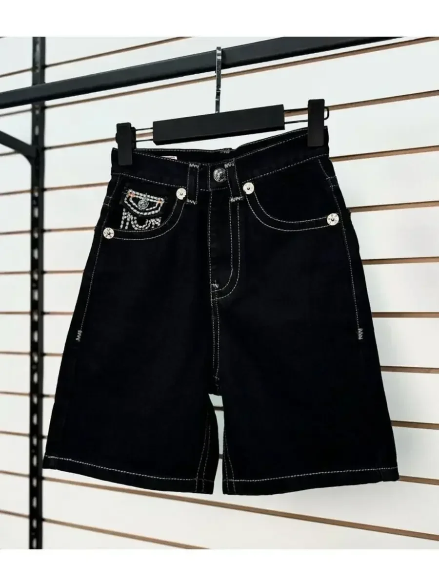 Y2k Washed Loose Denim Shorts Retro Pocket Embroidered Beach Pants Low Waist Garbage Shorts
