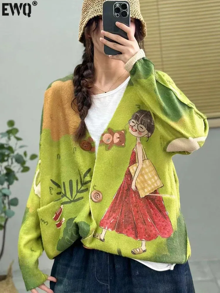 

[EWQ] Printed Cartoon Button Mink Fleece Knitted Cardigan Sweater V-neck Long Sleeve Women's Outwear 2023 Autumn Winter 16U6434