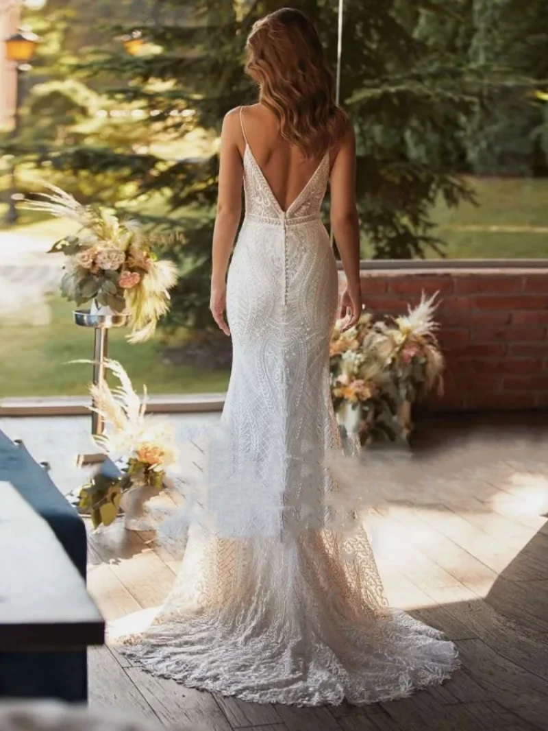 Simple Wedding Dresses For Women 2024 V-Neck Bridal Gowns Lace Appliques Sheath Mermaid Sexy Robes Vestidos De Novia Customized 4
