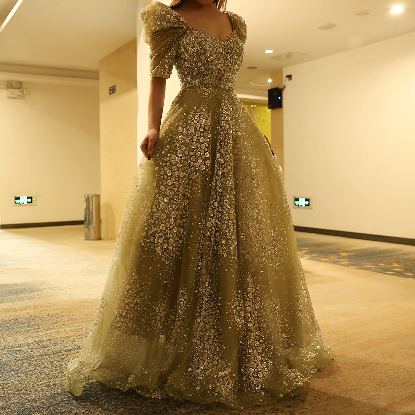 Sharon Said Glitter Lime Green Luxury Dubai Evening Dress for