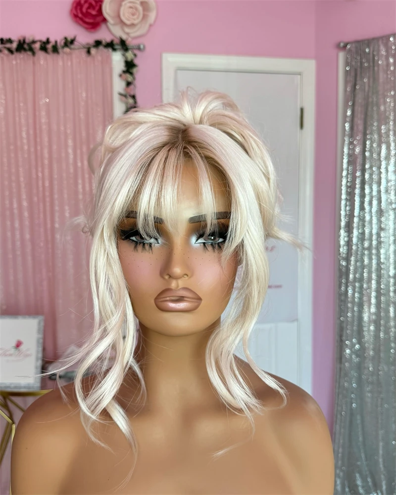 Natural Fringe Bouncy Wavy Synthetic Wig with Bangs White Blonde Icy Dark Roots Futura Fibre Lace Top Wig Women