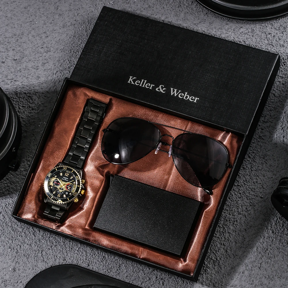 Fashion Mens Watch Luxury Business Quartz Watches Credit Card Box Sunglasses Set for Male Gifts for Husband Boyfriend with Box