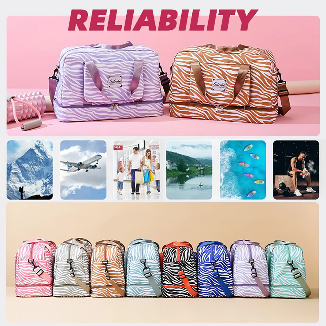 Zebra Stripe Plaid Dry Waterproof Duffle Women Gym Travel Sneaker Duffel Foldable Handbag Tote Bag Crossbody Bags Shoe Pocket