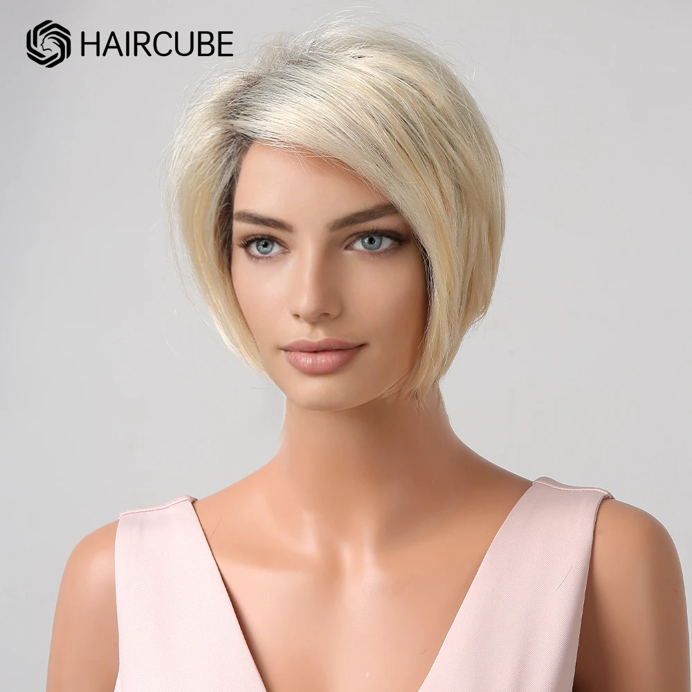 HAIRCUBE Platinum Blonde Short Pixie Cut Lace Front Human Hair Wig Side Part Natural Ombre Straight Remy Hair Wigs for Women