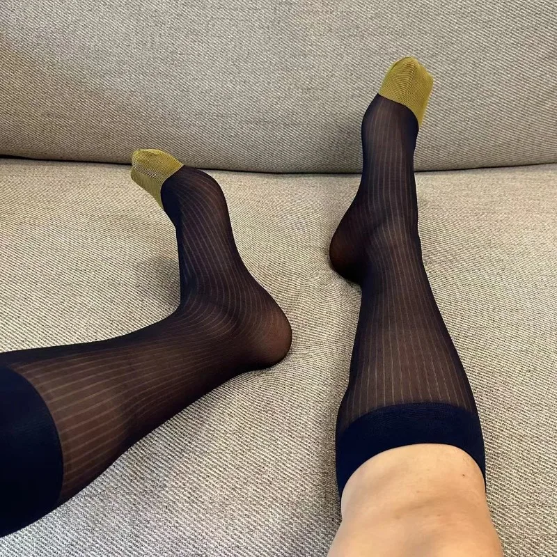 

2 Pairs Sexy Nylon Long Socks Men Sexy Thin Pinstripe Breathable Gentleman Stockings for Man Hit Color Gold Toe Navy Dress Socks