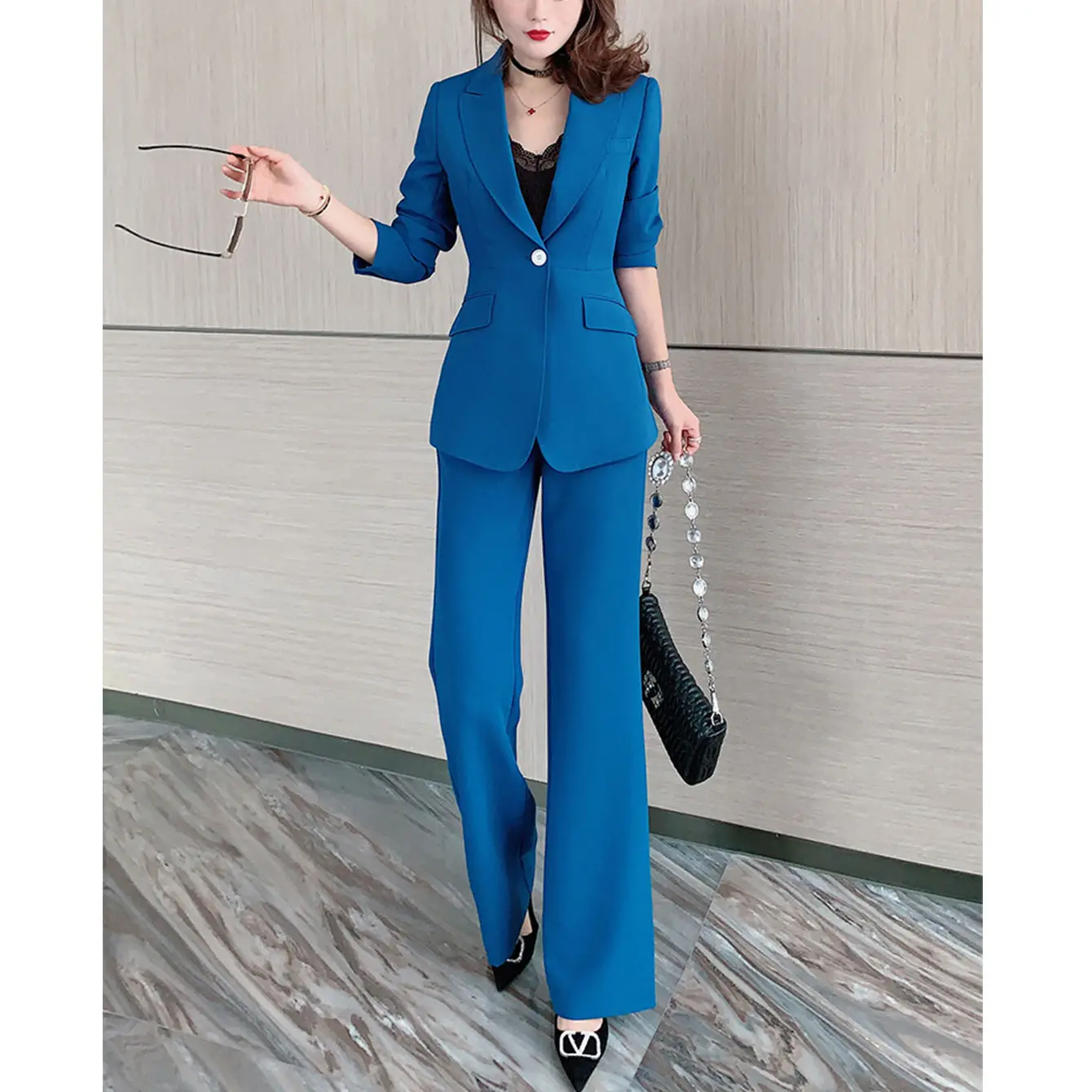 Women Blue Blazer Coat +Trousers 2022 Spring Female Single Button Two  Pieces Work Suits Office Lady Long Sleeve Blazer Suit Sets