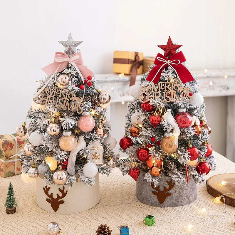 

45/60cm Desktop Mini Christmas Tree DIY Set Pendant Electroplated Ball Pink Light Flocking Christmas Decoration Windowsill