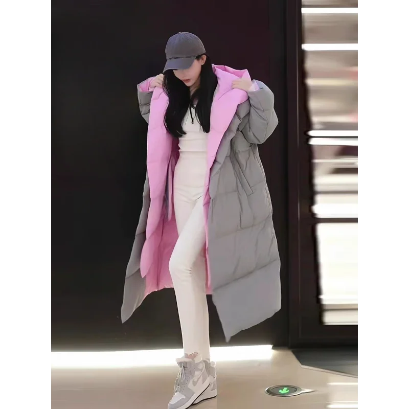 Women's Down Jacket Long Knee Winter Trends Stylish & Warm Coat Pike Coat 2024 New High-end Hooded Fake Two Piece Down Jacket 3
