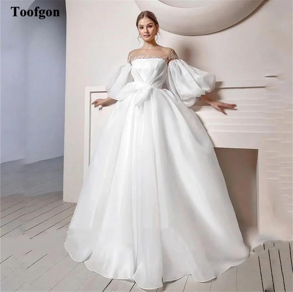 

Toofgon Simple Korea Silk Organza Wedding Dresses A Line Sheer O-Neck Applique Lace Puff Sleeves Bridal Gowns Robe de mariage
