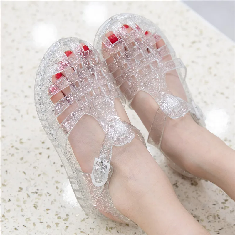 Unishuni Girls Jelly Sandal Kids Bling Glossy Plastic Summer Shoe Durable Quick Dry Close Toe Beach Slipper Sandal for Girls 3