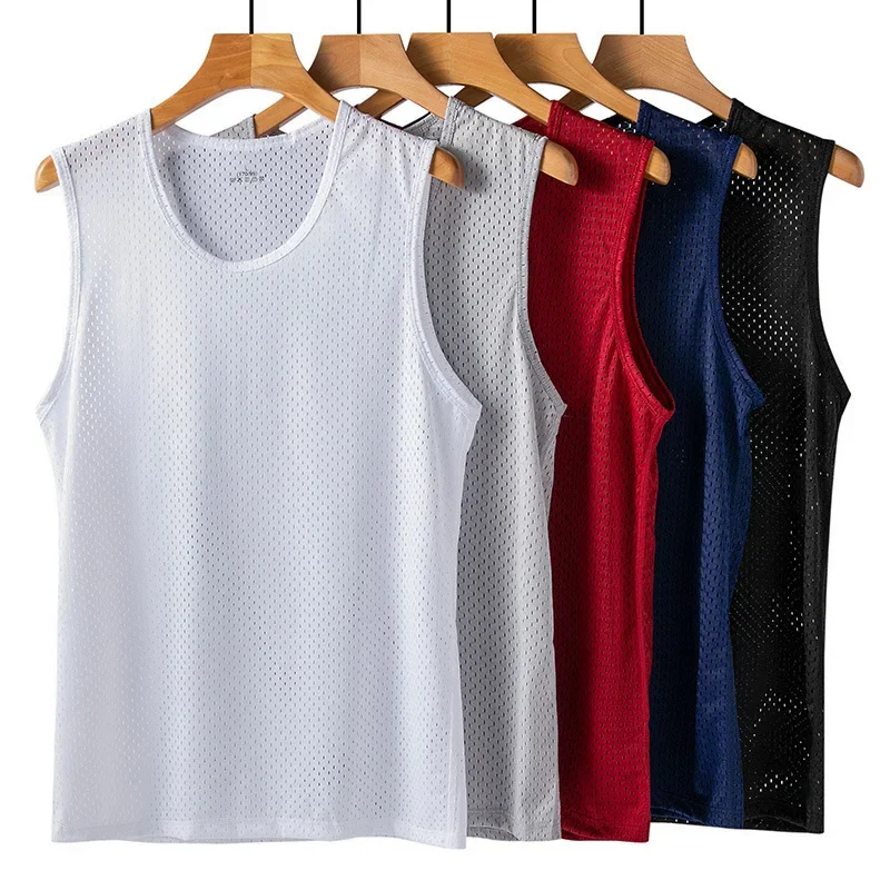 Men's Ice Silk Mesh Vest Thin Fit Summer Sporty Sleeveless Tank Top Underwear Home Clothes Inner Wear Dry Fit Quick Dry Breathab