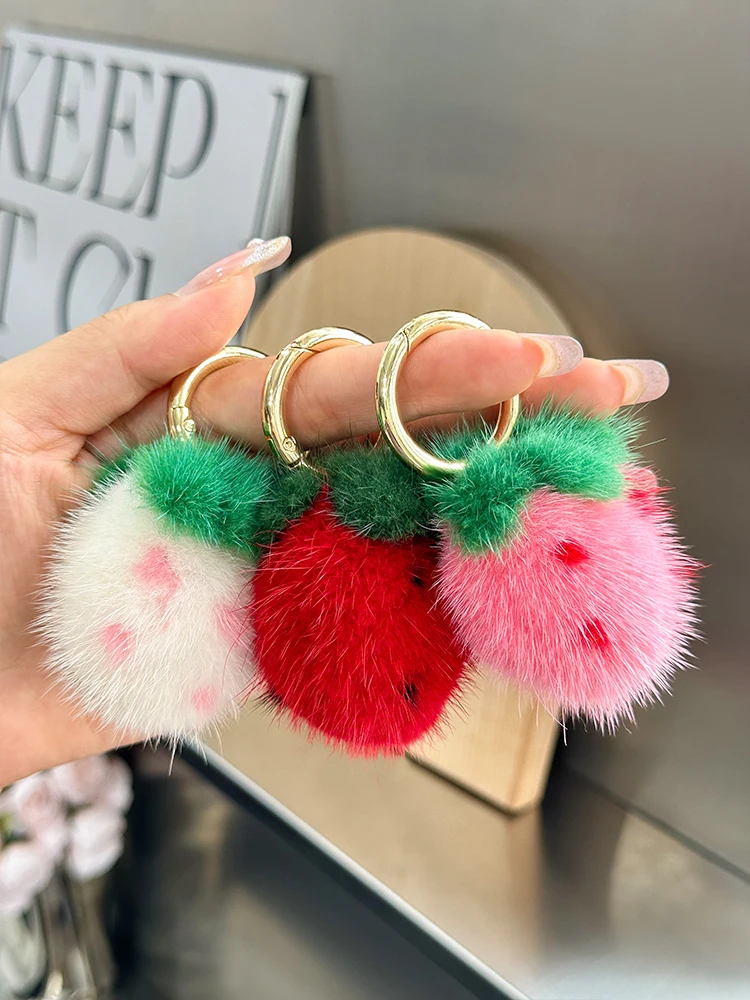  Cute Real Mink Fur Keychain Pendant Plu Ball Bag Car Stberry ape Hanging Ornament Faionable Bag Accory