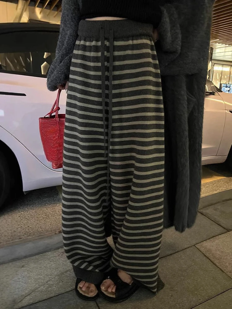 Harajuku Contrast Color Stripe Wide Leg Trousers Vintage Grunge Loose Knitted Casual Pant Y2k Aesthetic Women Straight Pants