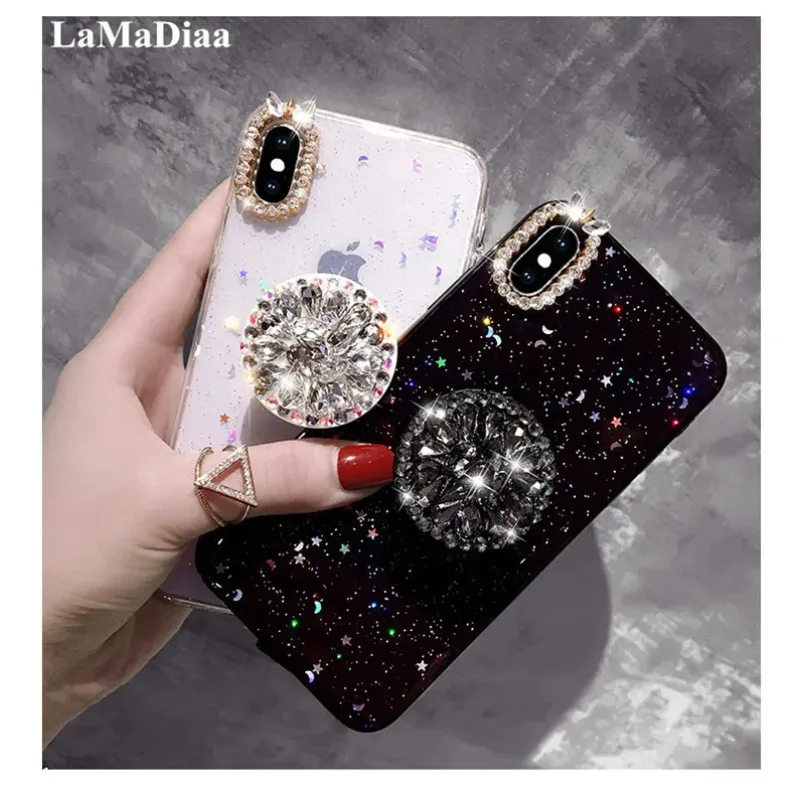 

Luxury Capa Bling Diamond Airbag Bracket Epoxy Stars and Moon Soft Case Cover for Iphone 12 13 14 15 Pro Max 8 11 Pro MAX Case