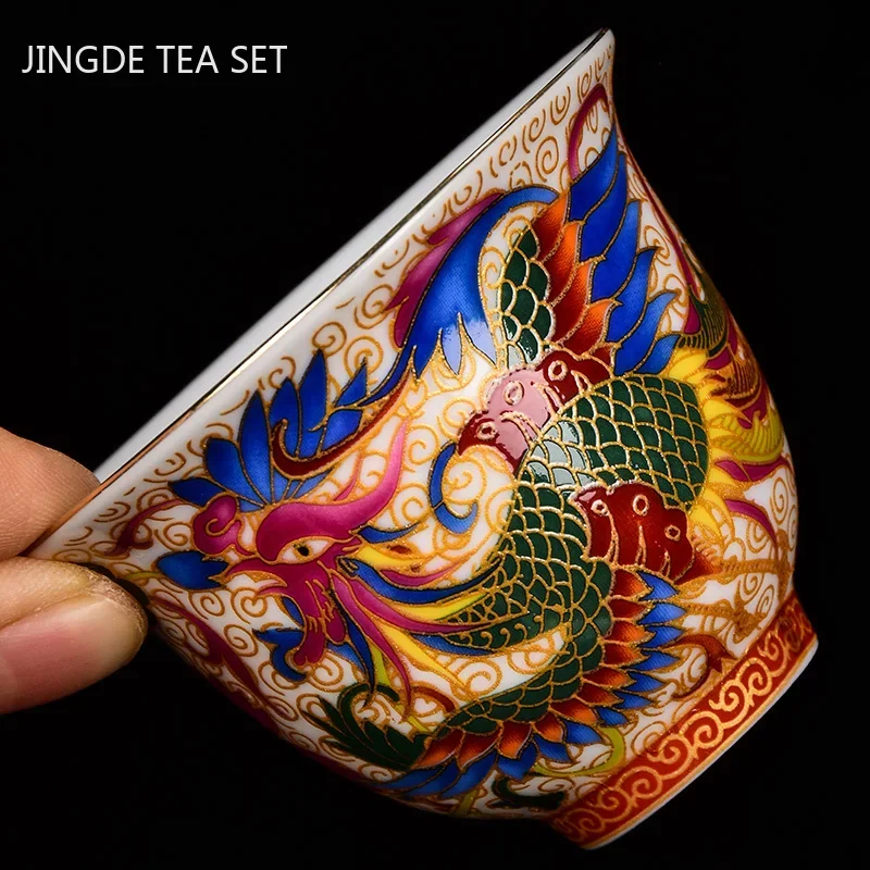 Tea Cup Chinese Handmade Porcelain Tea Cup Dragon and Phoenix Pattern Teacup Ceramic Master Cup Personal Tea Bowl Teaware