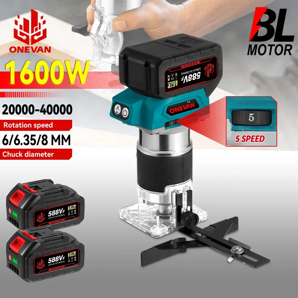 1600W Brushless Electric Hand Trimmer 5 Speeds Cordless Engraving Slotting Trimming Milling Wood Router For 21V 18V Battery