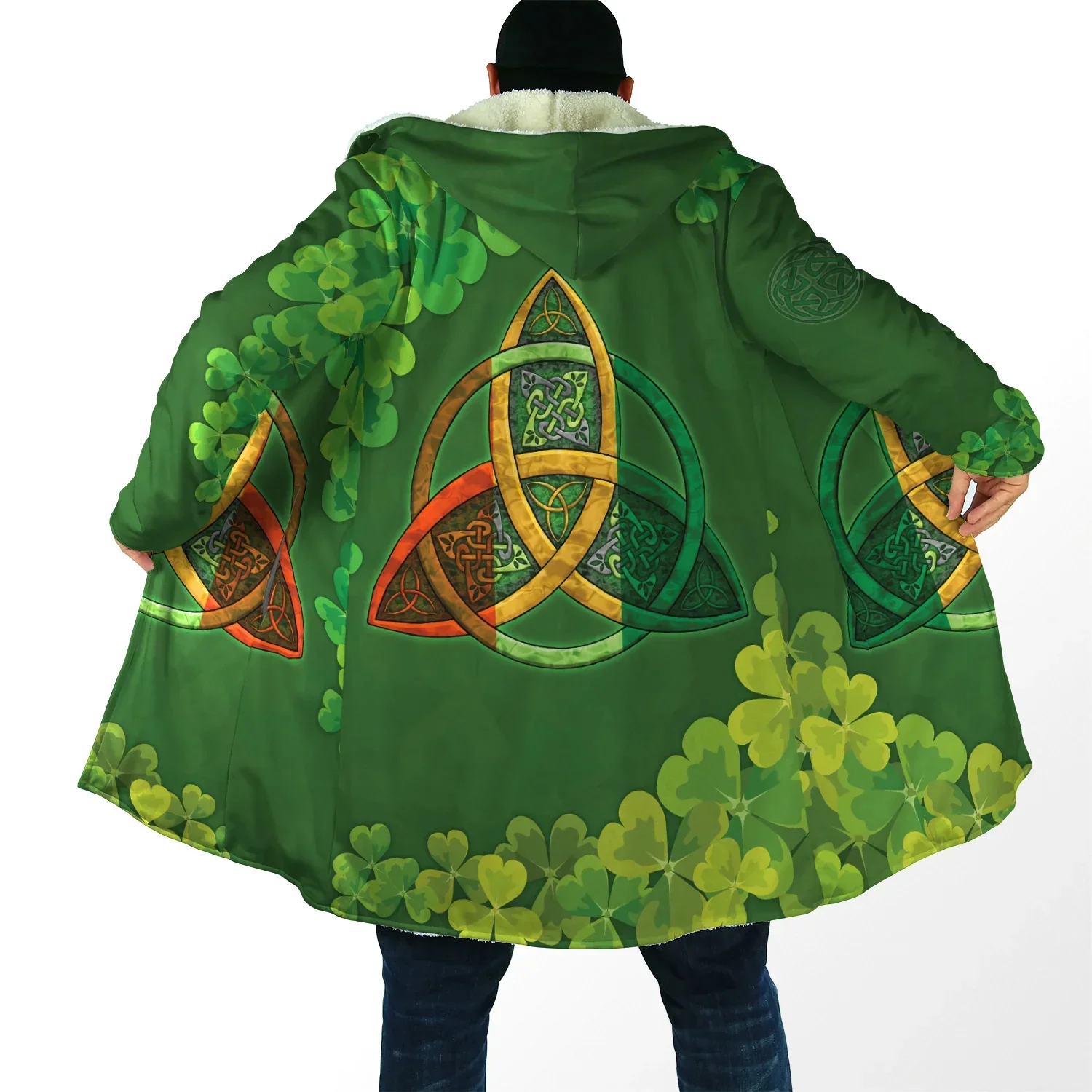 

Irish Celtic Green Cross Clover Overcoat Coat 3D Print Thick Warm Hooded Cloak Men Windproof Fleece Unisex Casual-3