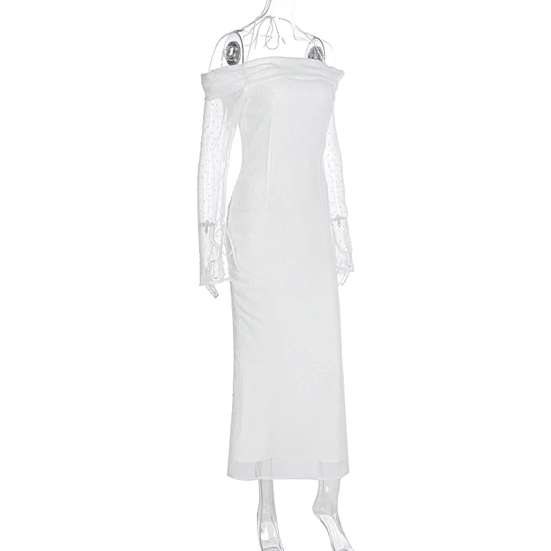 Vestido largo de malla de moda sin espalda para mujer, con cordones, cintura alta, hombros descubiertos, ajustado, elegante vestido de fiesta de otoño para mujer