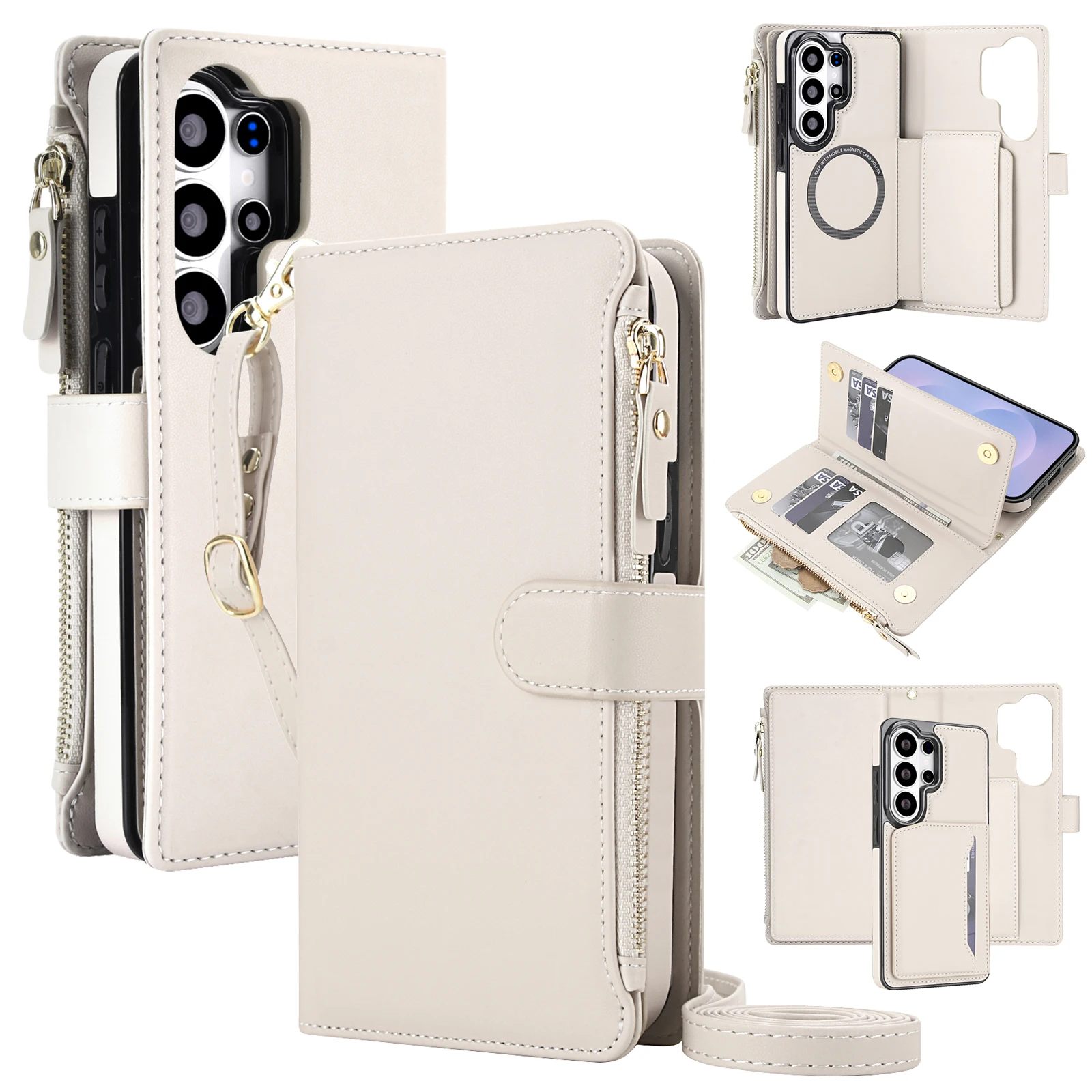 Premium Wireless Charging Flip Wallet Phone Case with Lanyard Strap and Bumper Protection