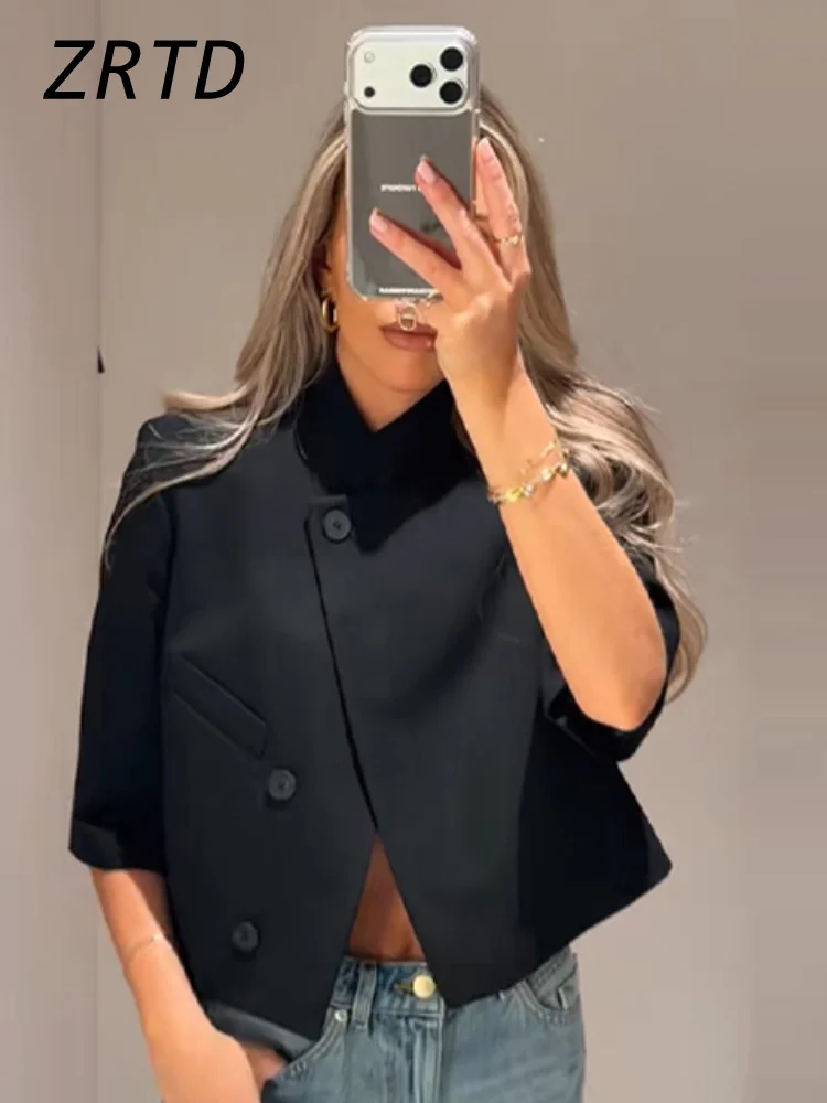 Women's Cropped Asymmetric Stand Collar Short Sleeve Blazer Jacket — photo 1
