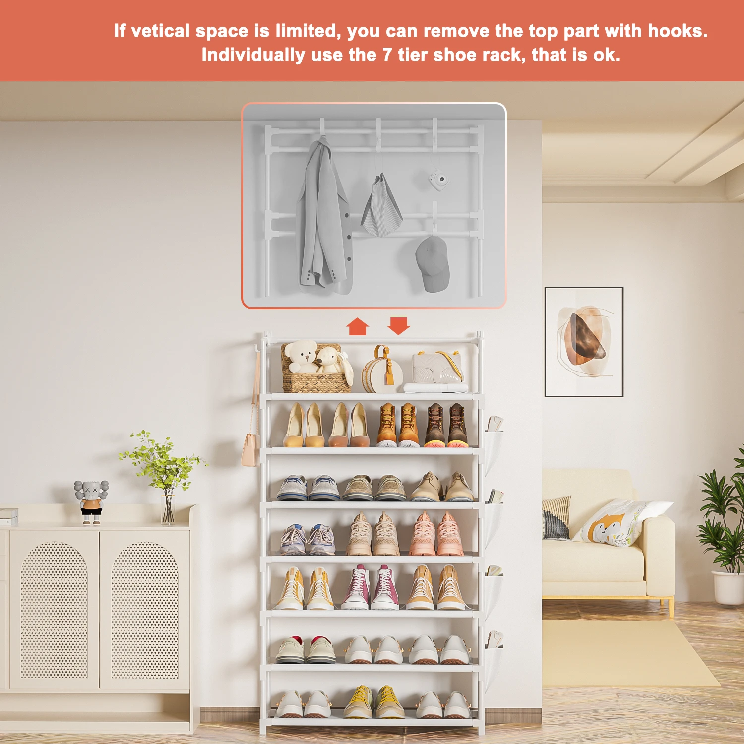 Shoe Rack 7Tier for Closet Entrance Shoe Shelf with Hooks Side Pocket Space Saving 4