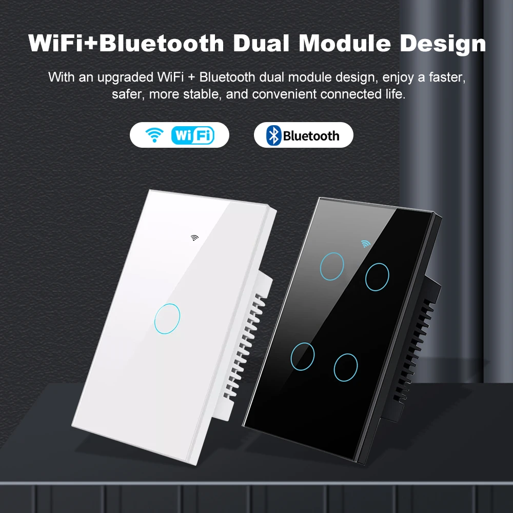 Tuya Smart WiFi + Bluetooth Wall Touch Light Switches No Neutral Wire Required Interruptor 1/2/3/4 Gang For Alexa Google home