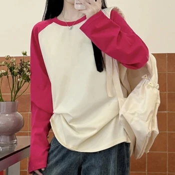 AOSSVIAO 2025 المرأة الخريف الشتاء موضة س الرقبة تي شيرت الإناث فضفاضة طويلة الأكمام تيز 100% القطن المرقعة بلايز عادية