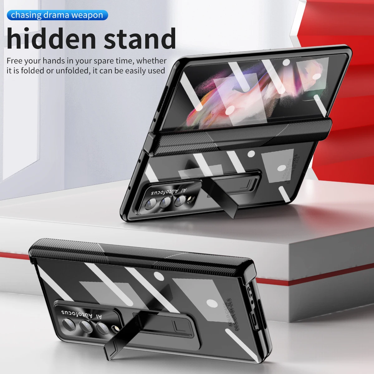 Electroplated Holder Magnetic Hinge Cover For Samsung Galaxy Z Fold5 Fold 5 4 3 Transparent Glossy Armor PC Case Glass Protector