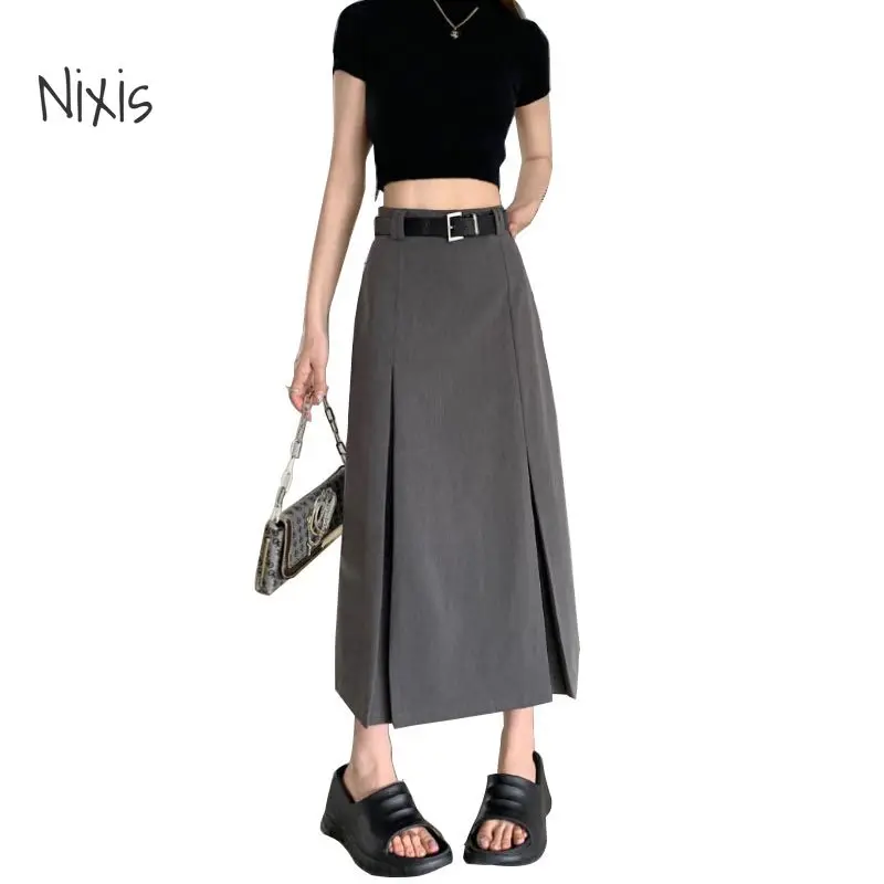 High Waist Long Skirt for Women Preppy Style A Line Pleated Skirt Grey 2023 New Fashion Y2k Female Korean Style Clothing new summer halter pleated print long jumpsuits women sleeveless boho wide legs playsuits female chic loose casual beach rompers