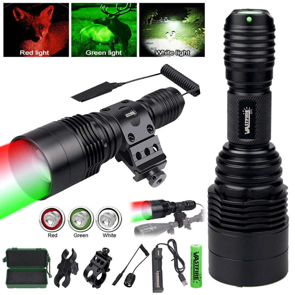 Tactical Red+Green+White Flashlight XPE LED Torch Powerful Night Hunting Light with Rifle Scope Mount Power by 18650 Battery