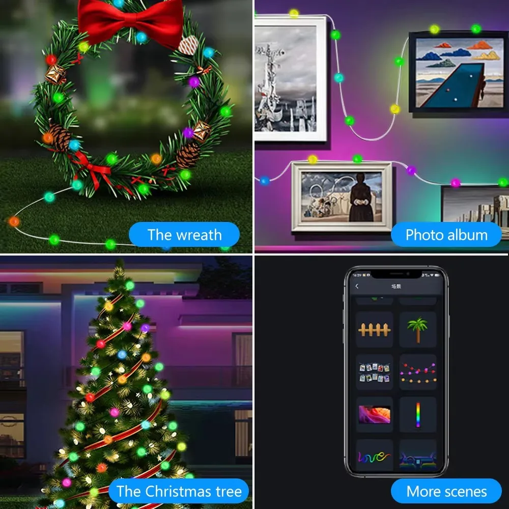 LED String Lights Outdoor RGB String Lights 10M 66Bulbs Smart APP Bluetooth Control LED Light String For Indoor Outdoor Party Christmas Decor