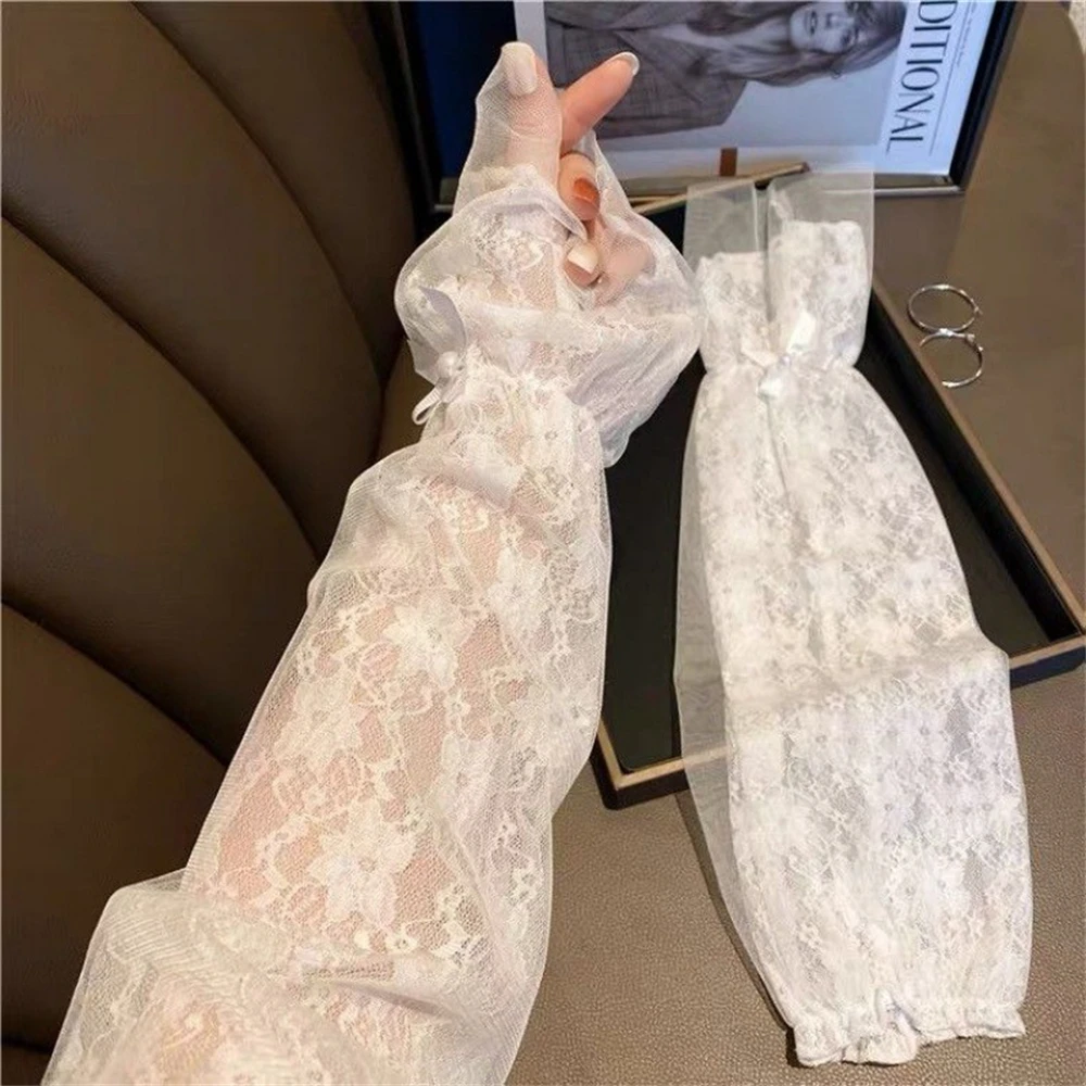 

1 Pair Female Arm Sleeve Mittens Long Fingerless Driving Gloves Elastic Lace Summer Mesh Tulle Covered Sunscreen Sleeves