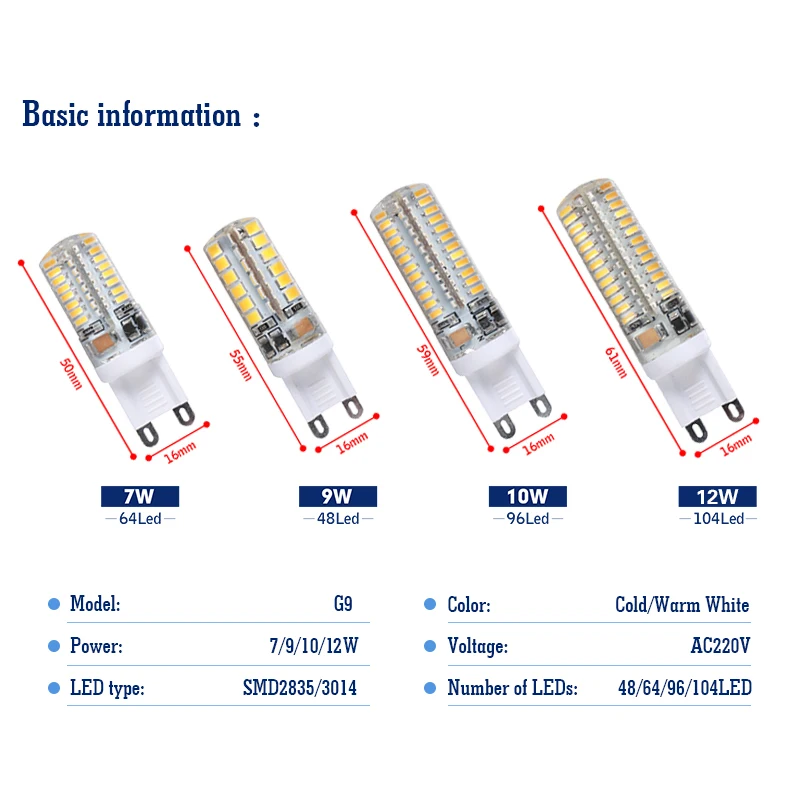 6 개/몫 LED G9 램프 AC220V 6W 7W 9W 10W 12W Led 전구 SMD 2835 3014 2508 Led G9 빛 교체 20W/30W/40W/50W 할로겐 램프 빛