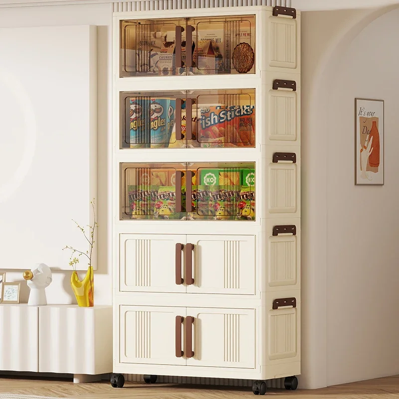 Foldable storage cabinet - movable multi-level double-door storage cabinet - living room and kitchen transparent storage box
