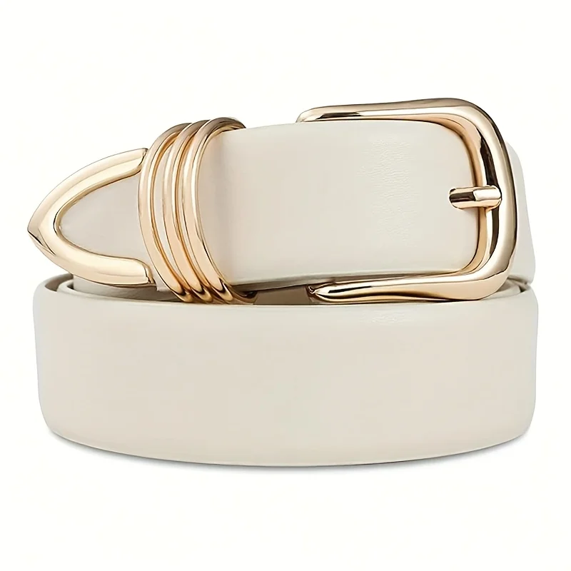 Women's Faux Leather Belt with Golden Oval Buckle - Adjustable Casual Belt for Jeans, Pants, Skirts - Durable Fashion Accessory