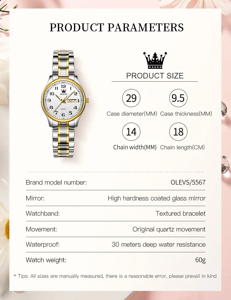 OLEVS Luxury Quartz Watch for Women Stainless Steel Watch Luminous Waterproof Week Date Elegant Dress Ladies Wristwatch 5567 6