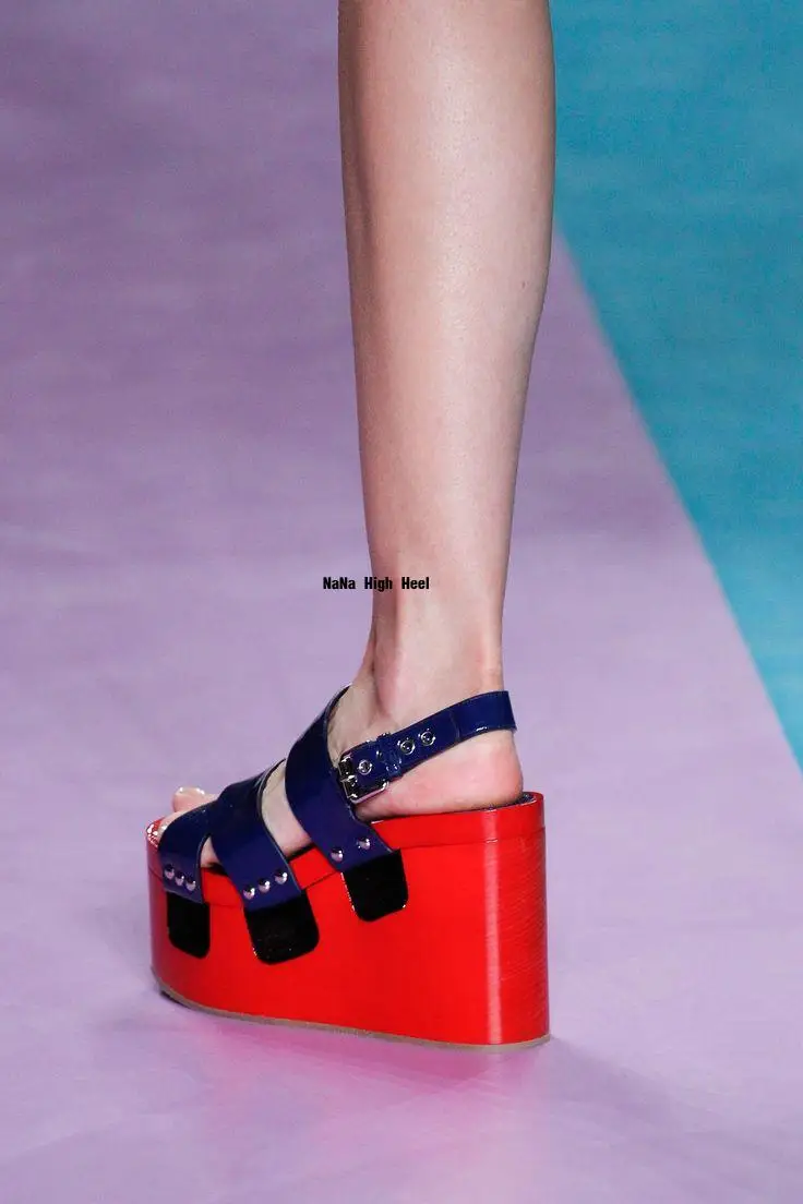 Design Wedges Pink Buckle Slingback Sandals women peep toe platform leather sandals lady patchwork high heel shoes fashion