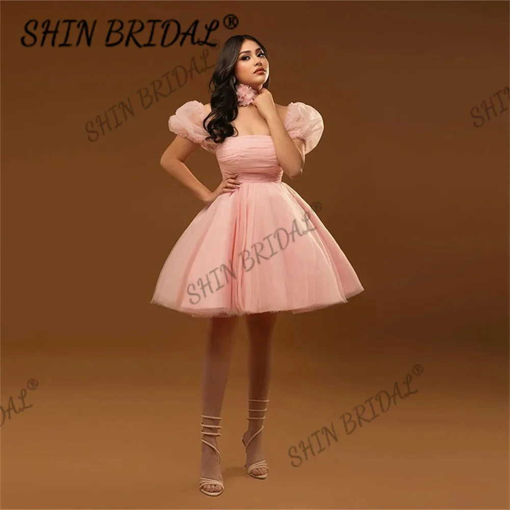 

2024 Simple Tulle Prom Dresses Short Puff Sleeves Pink Mini Party Gowns Strapless Corset Back Above Knee Formal Occasion Dresses