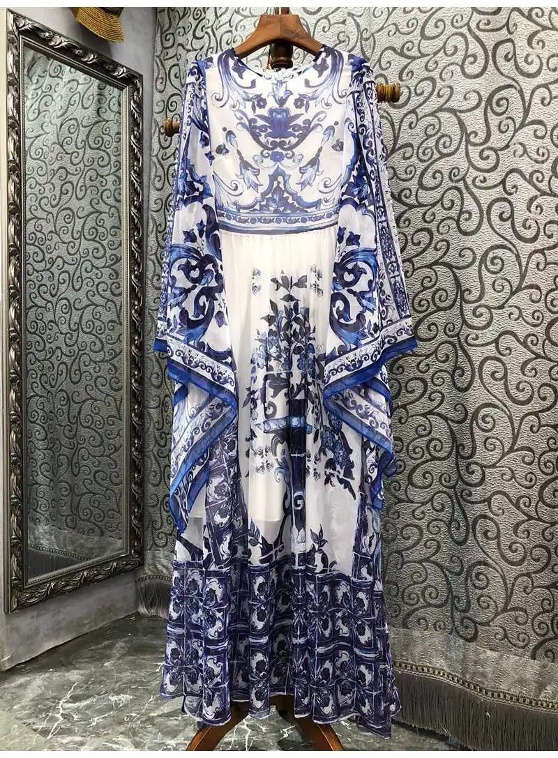 

New 2022 Autumn Long Dress High Quality Women Vintage Porcelain Prints Flare Sleeve Casual Party Long Maxi Dress Vestido Longo