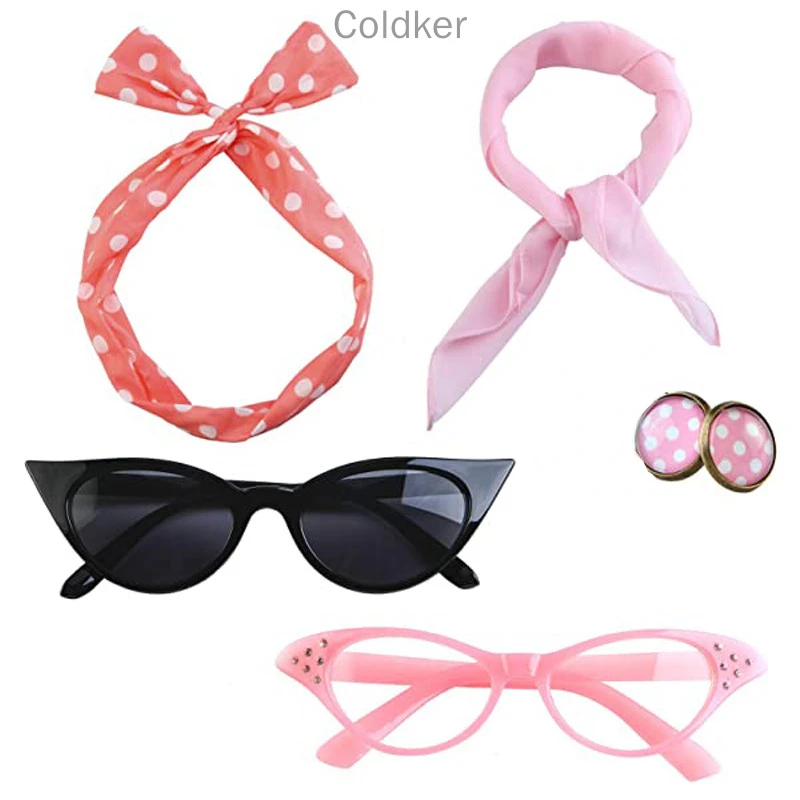 Adult Halloween Cosplay Costumes 5 Pack 50s Set Chiffon Scarf Cat Eye Glasses Bandana Tie Headband Earrings