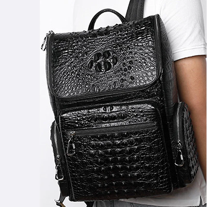 Fashion Alligator Pattern Genuine Leather Backpack for Men Business 15.6 inch Laptop Rucksack School Bag Computer Backpack Bag mens backpack